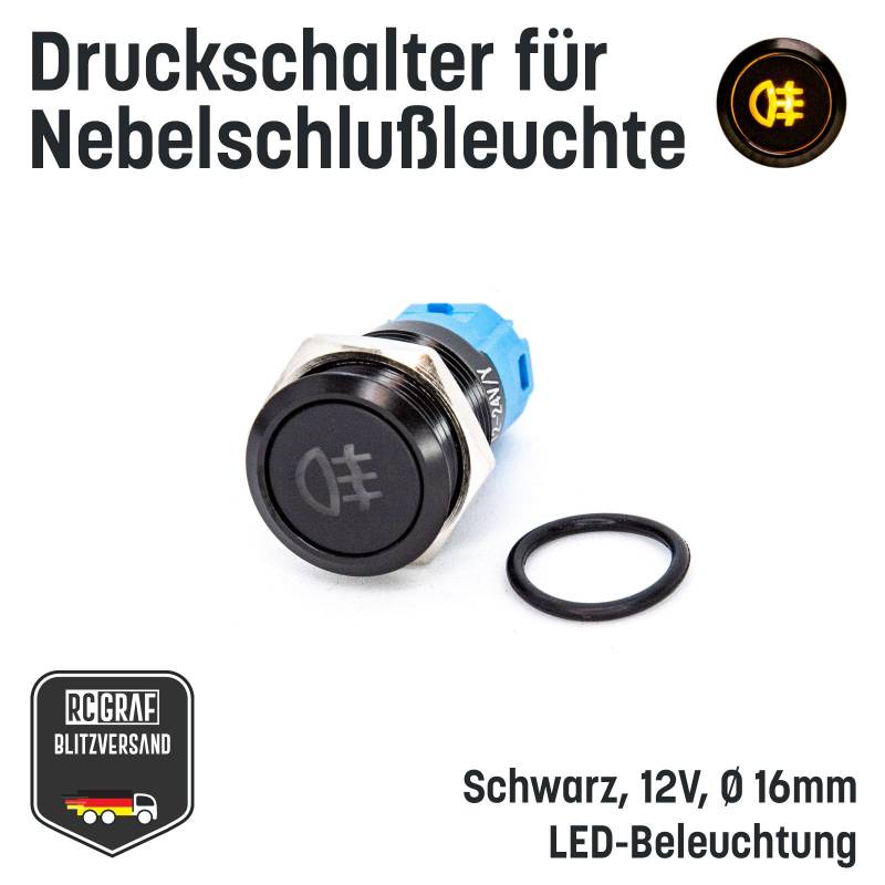 Druckschalter für Nebelschlußleuchte 16mm Schwarz LED 12V IP65 Nebellampe von RCGRAF