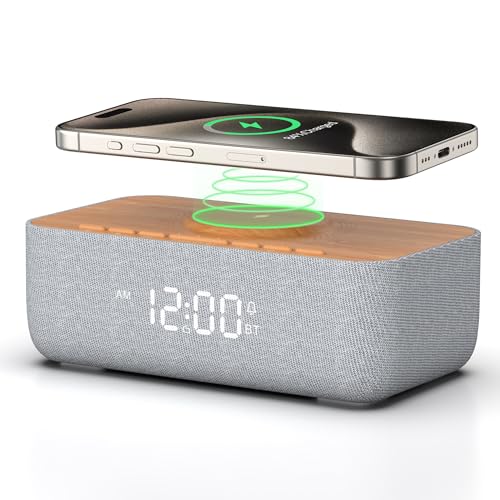 REACHER 4-in-1 Digitaler Wecker mit Bluetooth 5.3 Lautsprecher, 15W magnetischem kabellosem Laden für iPhone 12–16, Auto-Zeitsync, FM-Radio, 6 Wecktönen & dimmbarem Display für Nachttisch/Küche/Büro von REACHER