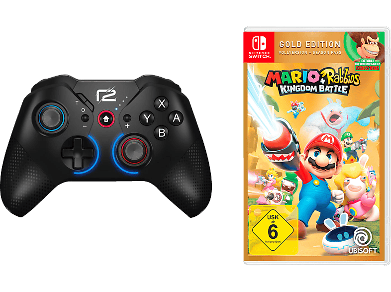 READY 2 GAMING Mario & Rabbids Kingdom Battle (Gold) + Pro Pad X Controller Schwarz für Nintendo Switch, PC, Android von READY 2 GAMING