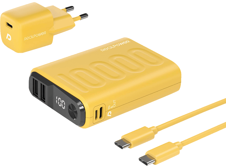 REALPOWER 390659 Powerbank, Netzteil und Kabel 10000 mAh Gelb von REALPOWER