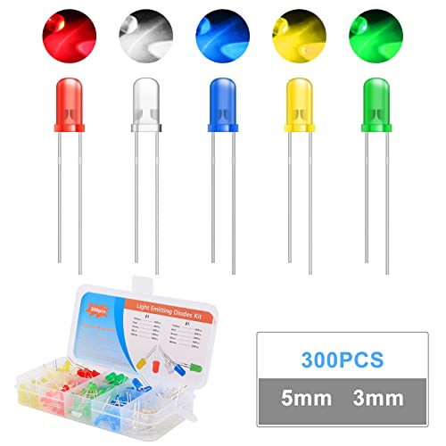 REAQUE 300 Stück LED Leuchtdioden 3mm/5mm LED Dioden Sortiment Kit Rundkopf 2 Pin Diffuse LED Leuchtdioden Elektronikkomponenten mit 5 Farben von REAQUE