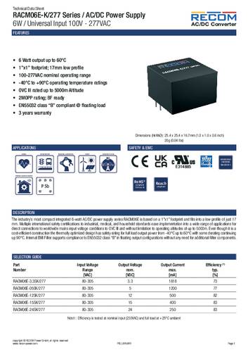 RECOM AC/DC-Einbaunetzteil geschlossen 15V 0.4A 6W von RECOM
