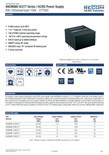 RECOM AC/DC-Einbaunetzteil geschlossen 24V 0.25A 6W von RECOM