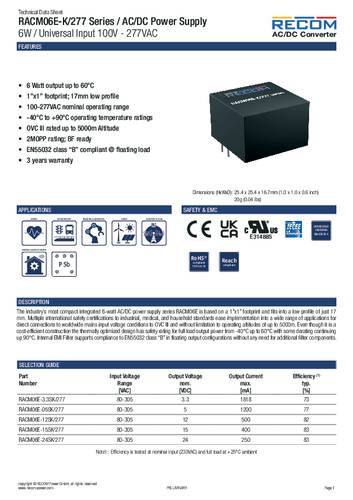 RECOM AC/DC-Einbaunetzteil geschlossen 3.3V 1.818A 6W von RECOM