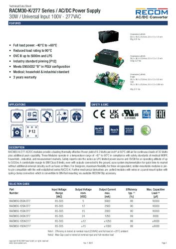 RECOM AC/DC-Netzteilbaustein, open frame 12V 2.5A 1St. von RECOM