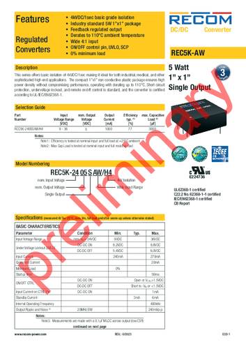 RECOM REC5K-2405SAW/H4 DC/DC-Wandler, Print 24 V/DC 5V 1A 5W Anzahl Ausgänge: 1 x Inhalt 1St. von RECOM