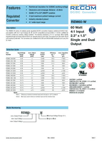 RECOM REM60-2405SW DC/DC-Wandler, Print 24 V/DC 5V 12A 60W Anzahl Ausgänge: 1 x Inhalt 1St. von RECOM