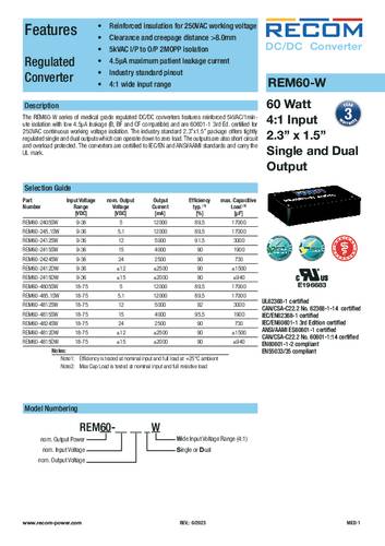 RECOM REM60-2405SW DC/DC-Wandler, Print 24 V/DC 5V 12A 60W Anzahl Ausgänge: 1 x Inhalt 1St. von RECOM