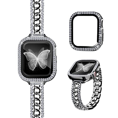 RECONMO Bling Chain Bracelet Compatible with 41mm Apple Watch Band Series 8 7 Women, Slim Strap for iWatch Bands 7 8 with Diamond Rhinestone Case, Unique Stainless Steel Metal Jewelry Bangle Black von RECONMO