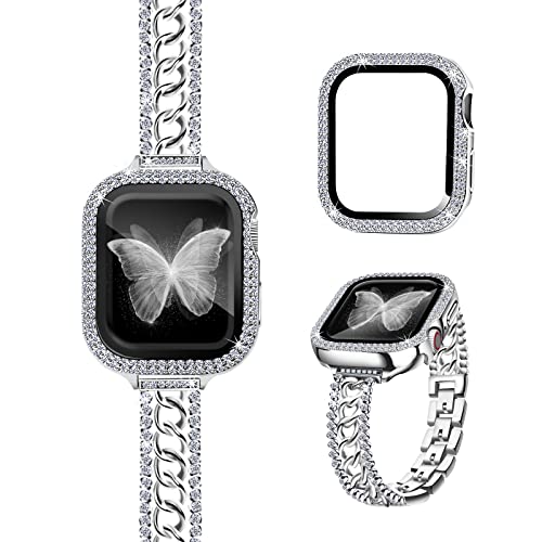 RECONMO Bling Chain Bracelet Compatible with Apple Watch 41mm Band Series 8 7 Women, Slim Strap for iWatch Bands 7 8 with Diamond Rhinestone Case, Unique Stainless Steel Metal Jewelry Bangle Silver von RECONMO
