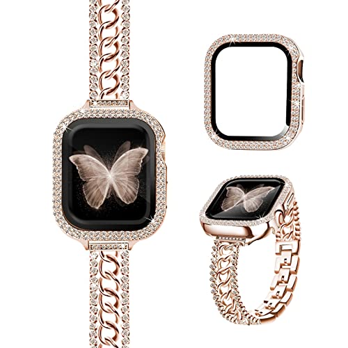 RECONMO Bling Chain Bracelet Compatible with Apple Watch Band 38mm Series 3 2 1 Women, Slim Strap for iWatch Bands with Diamond Rhinestone Case, Unique Stainless Steel Metal Jewelry Bangle Rose Gold von RECONMO