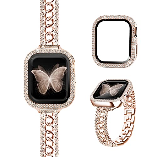 RECONMO Bling Chain Bracelet Compatible with Apple Watch Band 42mm Series 3 2 1 Women, Slim Strap for iWatch Bands with Diamond Rhinestone Case, Unique Stainless Steel Metal Jewelry Bangle Rose Gold von RECONMO