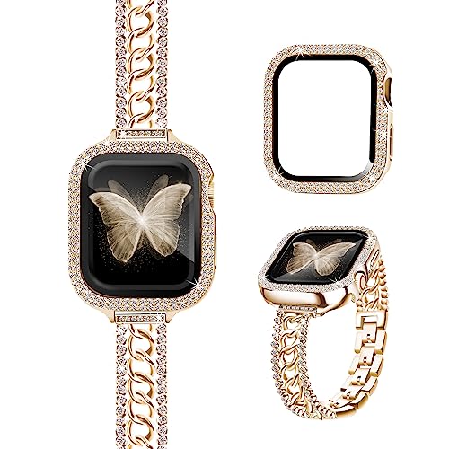 RECONMO Bling Chain Bracelet Compatible with Series 8 7 Apple Watch Band 41 mm Women, Slim Strap for iWatch Bands with Diamond Rhinestone Case, Unique Stainless Steel Metal Jewelry Bangle Gold Girl von RECONMO