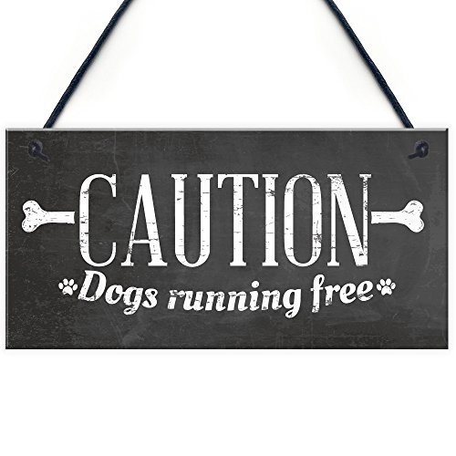 RED OCEAN Warnschild mit Aufschrift "Caution Beware Dogs Running Free Dog Pet Warnschild Sicherheit Gartentür Wandschild von RED OCEAN