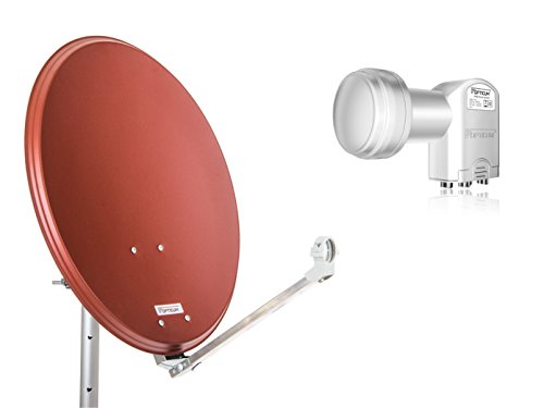 OPTICUM QA60 Satellitenschüssel 60 cm ziegelrot mit Quad LNB LQP 04H - 4K HD & 3D fähig - Witterungsbeständige Sat-Antenne aus Stahl inkl. 2 Mastschellen - Sat Anlage für 4 Teilnehmer von RED OPTICUM