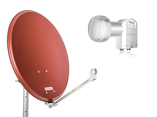 OPTICUM QA60 Satellitenschüssel 60 cm ziegelrot mit Twin LNB LTP 04H - 4K HD & 3D fähig - Witterungsbeständige Sat-Antenne aus Stahl inkl. 2 Mastschellen - Sat Anlage für 2 Teilnehmer von RED OPTICUM