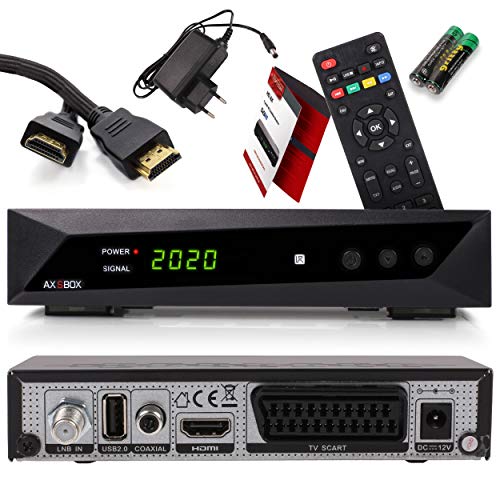 RED OPTICUM Sat Receiver HD für Satellitenschüssel, Satelliten Receiver Sat, 1080p, Full HD, AAC-LC Audio, HDMI, SCART, USB 2.0, Koaxial - Einkabel tauglich DOCS - AX SBOX Set + HDMI Kabel von RED OPTICUM