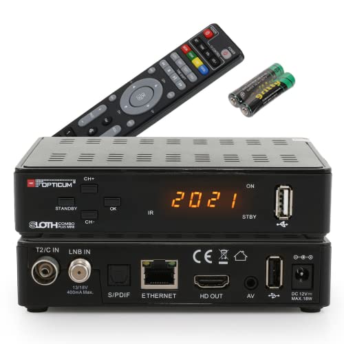 RED OPTICUM Sloth Combo Plus Mini inkl. HDMI-Kabel I DVB-C/-T2 DVB-S2 Receiver mit Aufnahmefunktion I Full HD Receiver mit LED Display - HDMI - S/PDIF - Ethernet - USB - IR Sensor - 12V Netzteil von RED OPTICUM