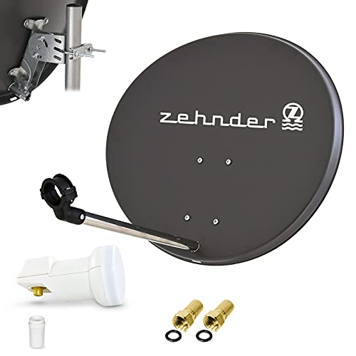 Zehnder 60cm Spiegel Schüssel Stahl + LogiSat Single LNB | 1 Teilnehmer HD Digital SAT Anlage Set anthrazit | DVB-S/S2 Full HDTV 3D 4K Ultra HD UHD Empfang von RED OPTICUM