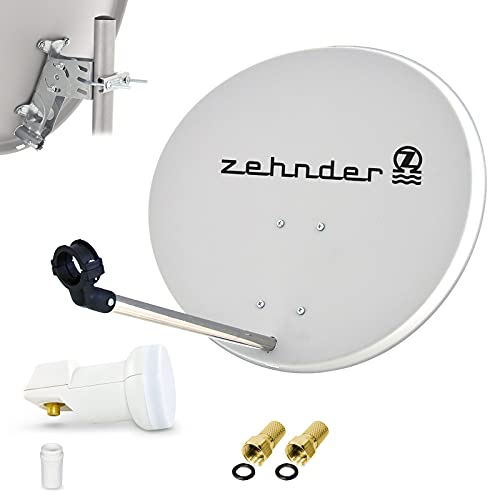 Zehnder 60cm Spiegel Schüssel Stahl + LogiSat Single LNB | 1 Teilnehmer HD Digital SAT Anlage Set hellgrau | DVB-S/S2 Full HDTV 3D 4K Ultra HD UHD Empfang von RED OPTICUM