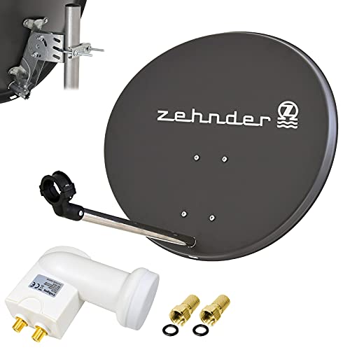 Zehnder 60cm Spiegel Schüssel Stahl + LogiSat Twin LNB | 2 Teilnehmer HD Digital SAT Anlage Set anthrazit | DVB-S/S2 Full HDTV 3D 4K Ultra HD UHD Empfang von RED OPTICUM