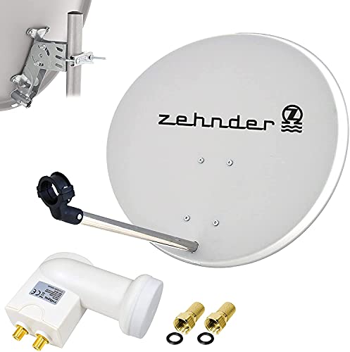 Zehnder 60cm Spiegel Schüssel Stahl + LogiSat Twin LNB | 2 Teilnehmer HD Digital SAT Anlage Set hellgrau | DVB-S/S2 Full HDTV 3D 4K Ultra HD UHD Empfang von RED OPTICUM