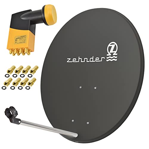 Zehnder 80cm Spiegel Schüssel Stahl + Octo LNB | 8 Teilnehmer HD Digital SAT Anlage Set anthrazit | DVB-S/S2 Full HDTV 3D 4K Ultra HD UHD Empfang von RED OPTICUM