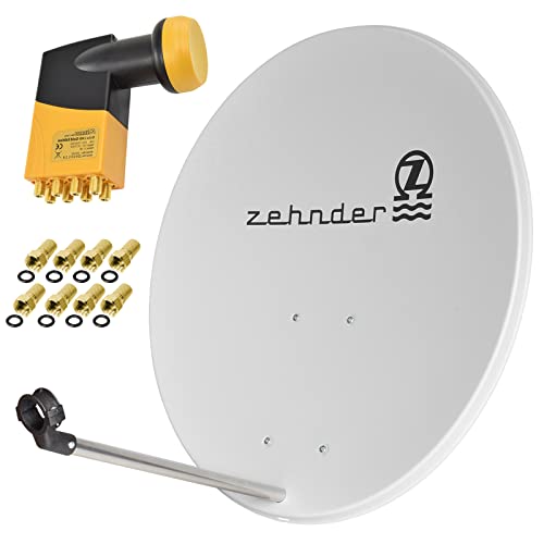 Zehnder 80cm Spiegel Schüssel Stahl + Octo LNB | 8 Teilnehmer HD Digital SAT Anlage Set hellgrau | DVB-S/S2 Full HDTV 3D 4K Ultra HD UHD Empfang von RED OPTICUM