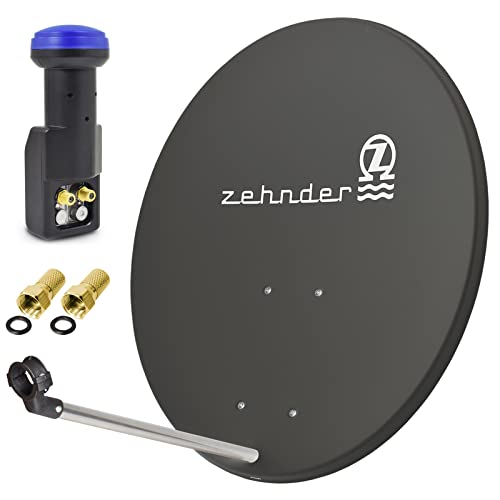 Zehnder 80cm Spiegel Schüssel Stahl + Twin LNB | 2 Teilnehmer SAT Anlage HD Digital Set anthrazit | DVB-S/S2 Full HDTV 3D 4K Ultra HD UHD Empfang von RED OPTICUM