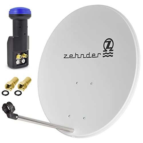 Zehnder 80cm Spiegel Schüssel Stahl + Twin LNB | 2 Teilnehmer SAT Anlage HD Digital Set hellgrau | DVB-S/S2 Full HDTV 3D 4K Ultra HD UHD Empfang von RED OPTICUM