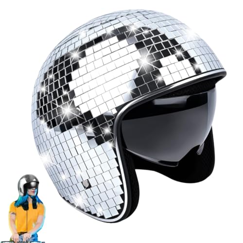 Discokugel Hüte Helm Glitzer Disco Glas Spiegel Ball Hut Helme 70er 80er Silberner Retro Disco Dekor Helme für Karneval Party DJ-Club, Bühne, Hochzeit Dance, Bar Party, Urlaub, mit Einziehbarem Visier von REDKNOT
