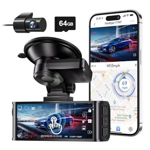 REDTIGER 4K Dashcam Auto Vorne Hinten, Touchscreen 3,18 Zoll, Kostenlose 64GB Karte, Dash Cam Auto Integriertes WiFi GPS, UHD 2160P Nachtsicht, WDR, Parkmonitor(F7N Touch) von REDTIGER