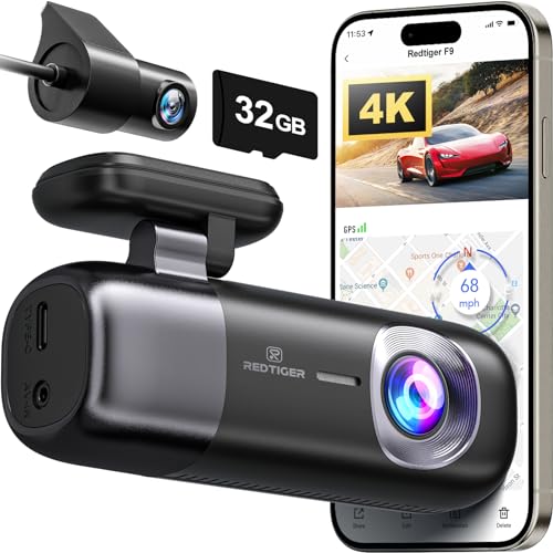 REDTIGER Dashcam Auto vorne hinten 4K/1080P, WiFi GPS Autokamera mit kostenloser 32GB Karte, Schleifenaufzeichnung, Nachtsicht, Parkmodus, intelligente App-Steuerung, Unterstützung bis zu 256GB(F9) von REDTIGER
