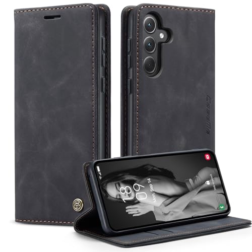 REEM Handyhülle für Samsung Galaxy A35 5G, Premium PU Leder Magnetische Klapphülle Flip Case mit Kartenfach Geldfach Standfunktion Handytasche RFID Schutzhülle - Schwarz von REEM