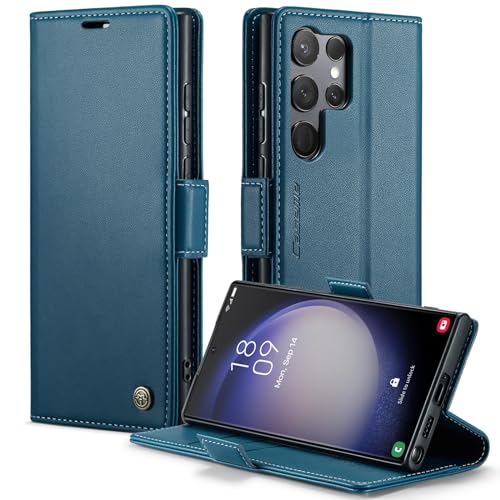 REEM Handyhülle für Samsung Galaxy S23 Ultra, Hülle Premium Leder Klappbar Flip Case Magnetisch Kartenfach Standfunktion Tasche Schutzhülle für Galaxy S23 Ultra Blau von REEM
