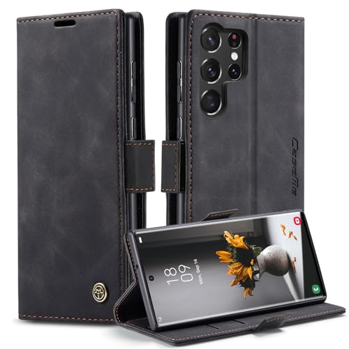 REEM Handyhülle für Samsung Galaxy S23 Ultra, Hülle Premium Leder Klappbar Flip Case Magnetisch Kartenfach Standfunktion Tasche Schutzhülle für Galaxy S23 Ultra Schwarz von REEM