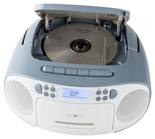 REFLEXION CD-Player mit Kassette und Radio für Netz- und Batteriebetrieb (PLL UKW-Radio, LCD-Display, AUX-Eingang, Kopfhörer-Anschluss), weiß/blau, RCR2260 von REFLEXION