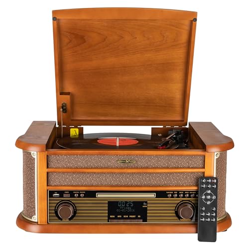 Reflexion HIF2002DAB, Retro- HiFi Anlage mit Encoding, 2x40Watt, Halbautomatischer Plattenspieler, Holzoptik, Encoding-Funktion, Wiedergabe von MP3 über CD & USB, Bluetooth von REFLEXION