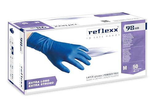 Reflexx R98 Latexhandschuhe mit Hoher Beständigkeit, Puderfrei, Größe M, Blau (Packung mit 50 Stück) von REFLEXX