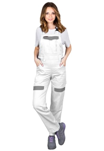 CORTON-L-B Damen-Schutzlatzhosen: 100% Baumwolle, 260 g/m², Vielseitige Taschen, Anpassbare Passform, Reflektierend, Farbe: Weiß-grau, Größe 36 von REIS