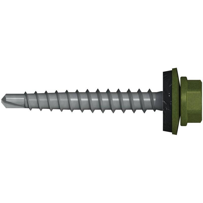 REISSER Bohrschrauben Farm-S Sechskantkopf mit 14mm Dichtscheibe Stahl kopflackiert RAL 6003 Olivgrün 4,8 x 60/55 - 100 Stück von REISSER-Schraubentechnik GmbH