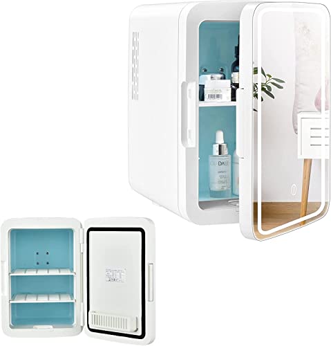 RELAX4LIFE Mini-Kühlschrank 10 L, Kosmetika-Kühlschrank für Kühler & Heizen mit 3 Helligkeitsstufen Einstellbarem LED-Licht&Spiegel&Abnehmbaren Regalen, Tragbarer Getränkekühlschrank für Zuhause von RELAX4LIFE
