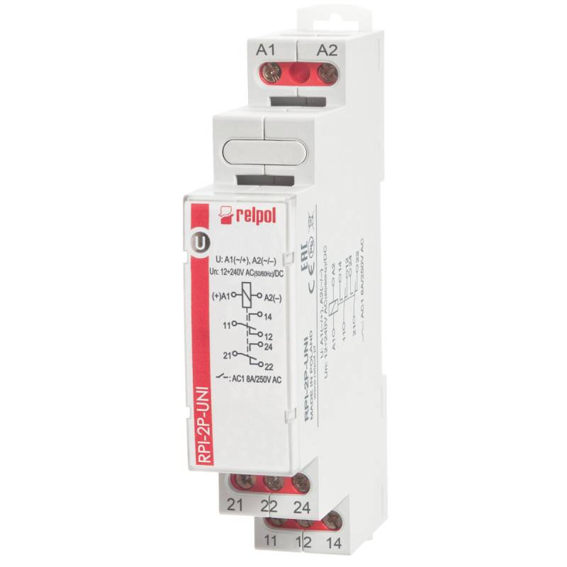 RELPOL RPI-2P-UNI - 12V bis 240V AC/DC 8A Installationsrelais 2 Wechsler von RELPOL