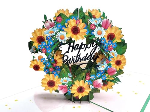 3D Pop-Up Geburtstagskarte mit Sonnenblumenkranz, 15x15cm, Grünes Design mit Umschlag 3D Pop-Up Geburtstagskarte mit Sonnenblumenkranz, 15x15cm, Grünes Design mit Umschlag von REMOtech