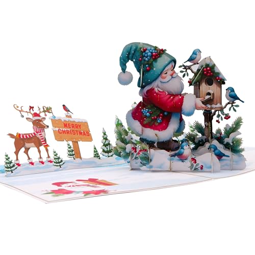 3D Pop-Up Weihnachtskarte - Weihnachtsmann füttert Vögel im verschneiten Wald von REMOtech