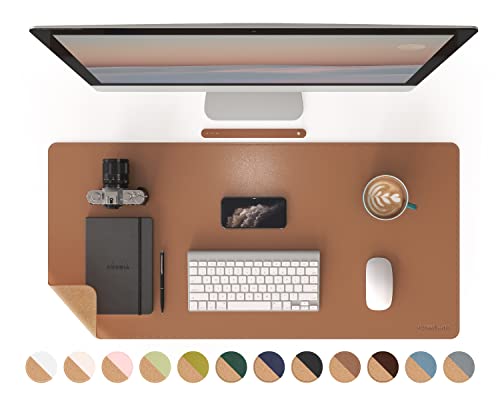 RENMTURE Doppelseitige Schreibtischunterlage, Naturkork und PU-Leder, große Mauspads für Büro und Heimarbeit, Schreibtischschutz, rutschfest, wasserdicht, leicht zu reinigen (Braun, 90 x 43 cm) von RENMTURE
