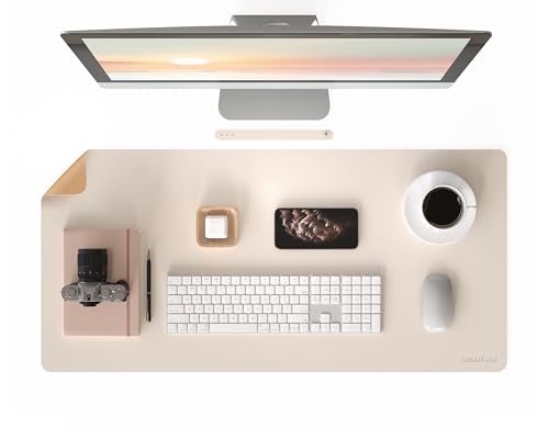 RENMTURE Doppelseitige große Schreibtischunterlage, Kunstleder, Naturkork, Schreibtischzubehör, Schutz, für Büro und Heimarbeit (Off-White, 91,4 x 43,2 cm) von RENMTURE