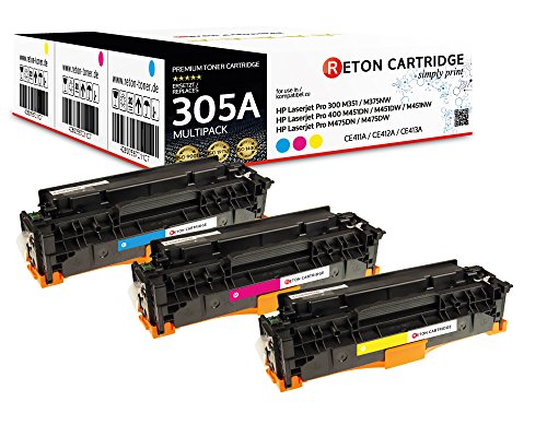 Original Reton Toner, kompatibel, 3er Farbset für HP PRO 400 Color MFP M475DN (CE411A, CE412A, CE413A), HP 305A, Laserjet PRO 300 Color M375NW, M451, M451DN, M451DW, M451NW, M475, M475DW von RETON CARTRIDGE