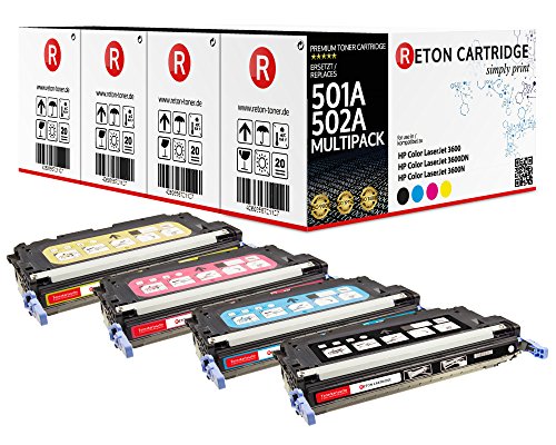 Original Reton Toner, kompatibel, 4er Farbset für HP 3600n (Q6470A, Q6471A, Q6472A, Q6473A), HP 501A & 502A, Color Laserjet 3600N, 3600DN, 3800N, 3800DN, 3800DTN, CP3505N, CP3505DN, CP3505X von RETON CARTRIDGE