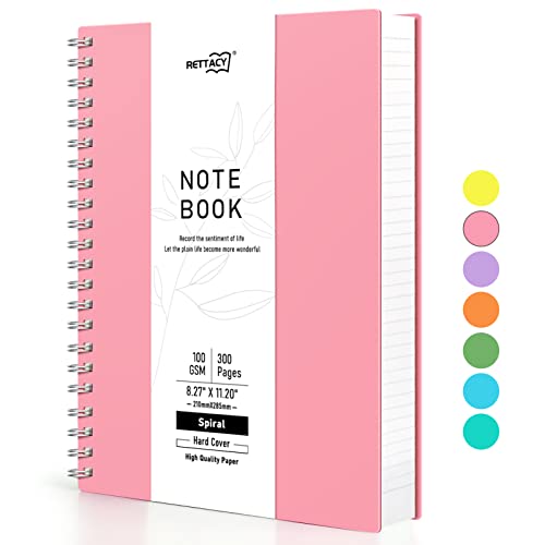 RETTACY A4 Notizblock, Notizbuch, Spiralgebundene Notizbücher, 300 Blatt/150 Seiten Zum Schreiben, 100 G/m² College-liniertes Papier, PVC-Hardcover, 21,5 x 27,9cm – Rosa von RETTACY